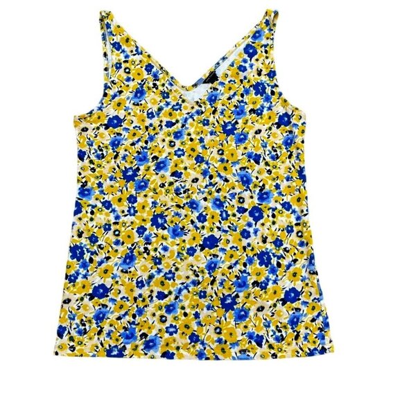 Ann Taylor Tops - Ann Taylor Women Cotton/Spandex Floral Yellow & Blue Sleeveless V-Neck Top L